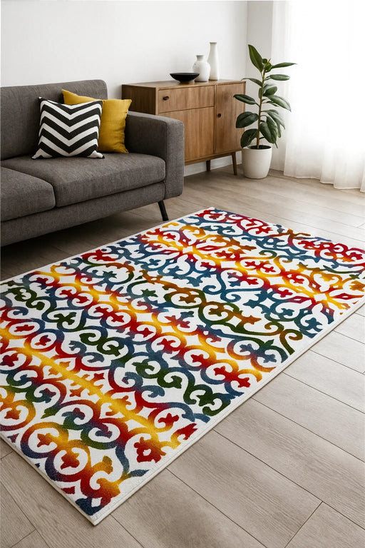 Covor living modern multicolor cu model oriental, ideal pentru amenajari elegante si contemporane