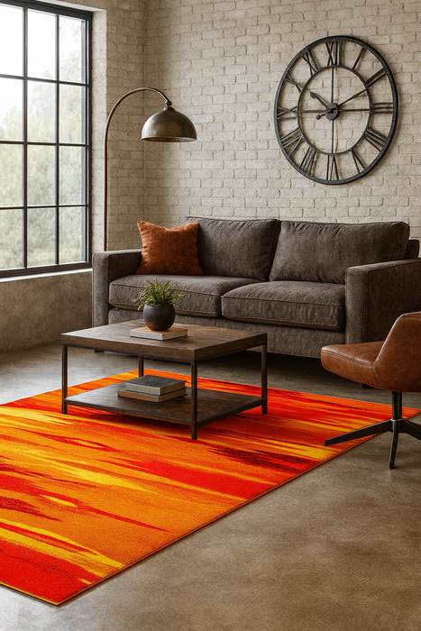 Covor living modern portocaliu cu design abstract, ideal pentru amenajari elegante si contemporane