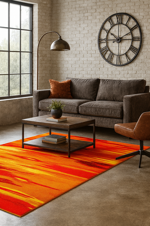 Covor living modern portocaliu cu design abstract, ideal pentru amenajari elegante si contemporane