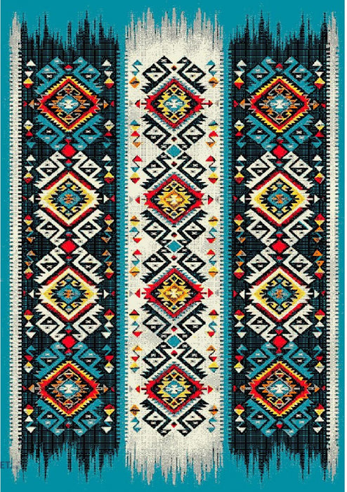 Covor living modern turcoaz cu model etnic decorativ, ideal pentru amenajari moderne