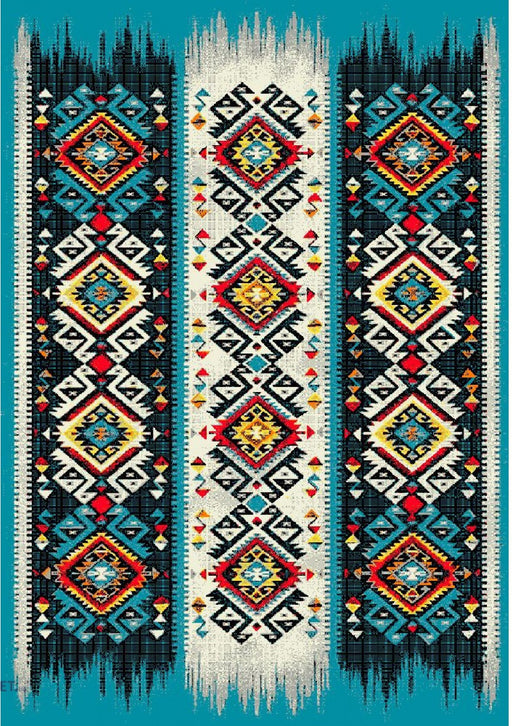 Covor living modern turcoaz cu model etnic decorativ, ideal pentru amenajari moderne