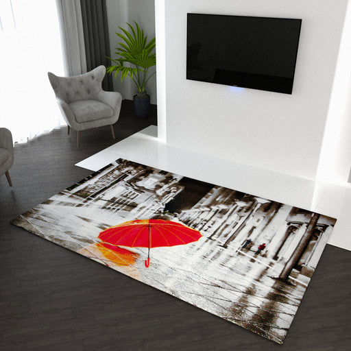 Covor living modern cu umbrelă roșie și design abstract pentru decor elegant