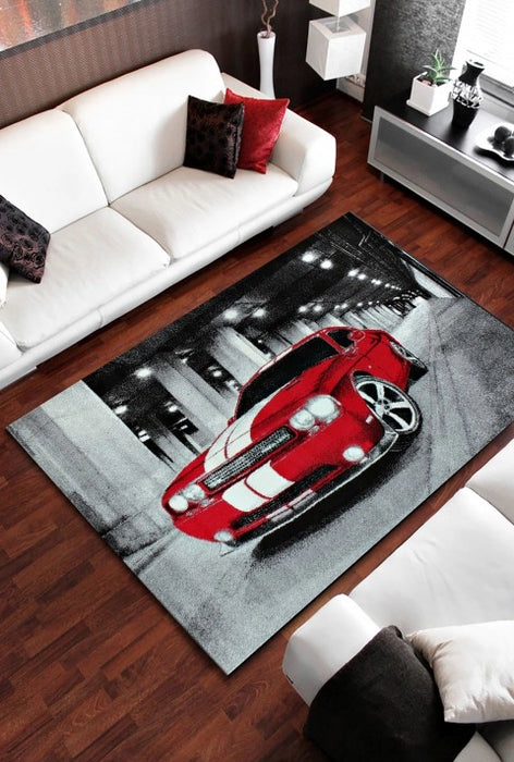 Covor living modern gri și negru cu mașină sport roșie pentru decor elegant