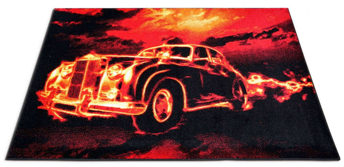 Covor premium pentru living cu mașină vintage și design artistic modern