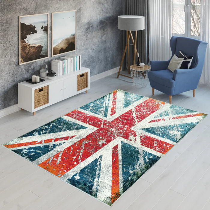 Covor living premium cu design modern inspirat de steagul britanic si aspect decorativ elegant.