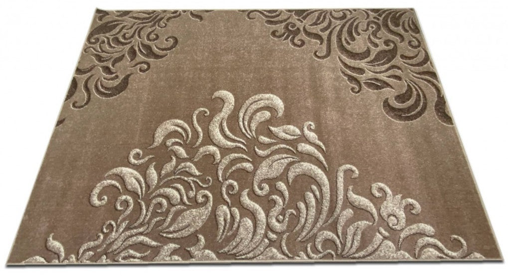 Covor modern maro bej dreptunghiular cu model decorativ abstract potrivit pentru living si dormitor