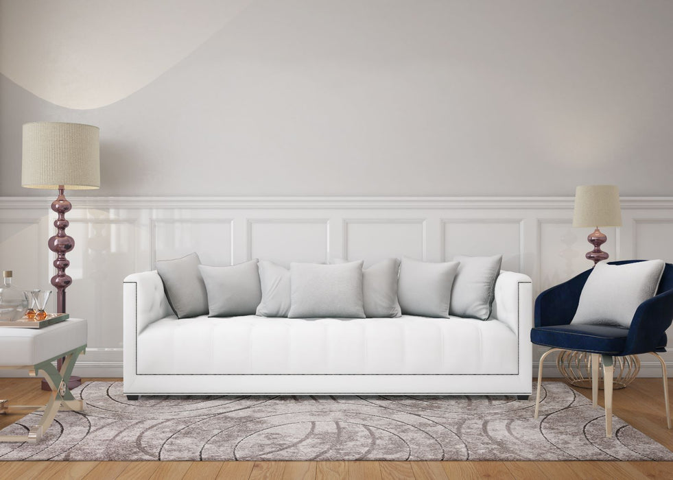 Covor modern abstract bej maro integrat într-un decor modern de interior