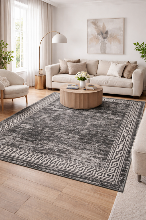 Covor modern abstract gri închis în living, potrivit pentru decor minimalist și contemporan