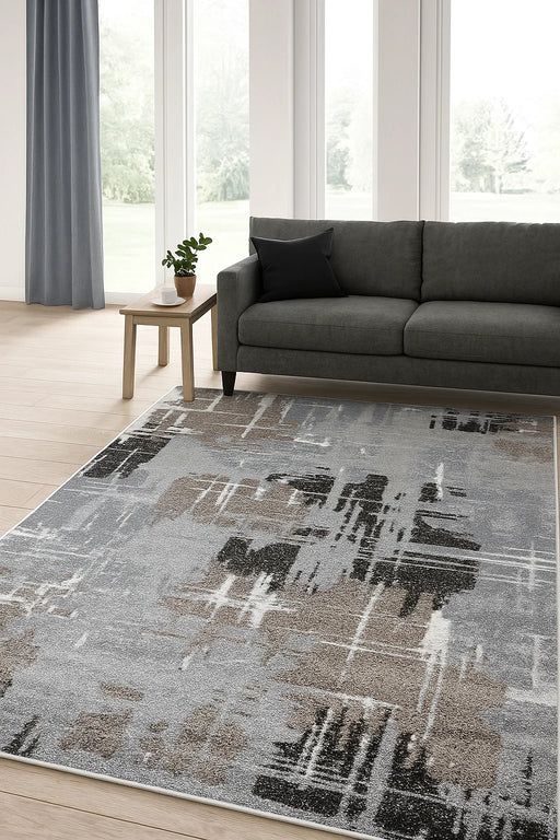 Covor modern abstract gri maro în living, potrivit pentru decor contemporan
