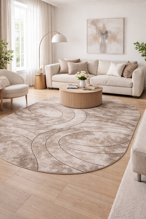 Covor modern abstract oval bej maro în living, potrivit pentru sufragerie și dormitor