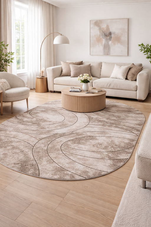 Covor modern abstract oval bej maro în living, potrivit pentru sufragerie și dormitor
