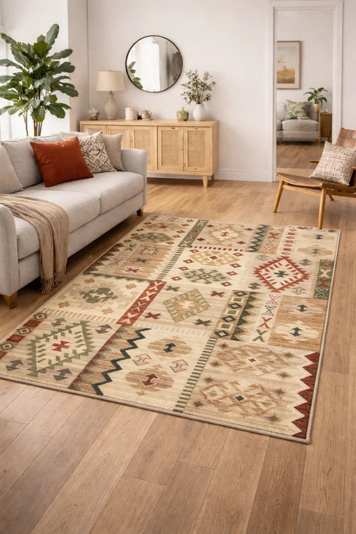 Covor modern bej crem in living, potrivit pentru un interior luminos