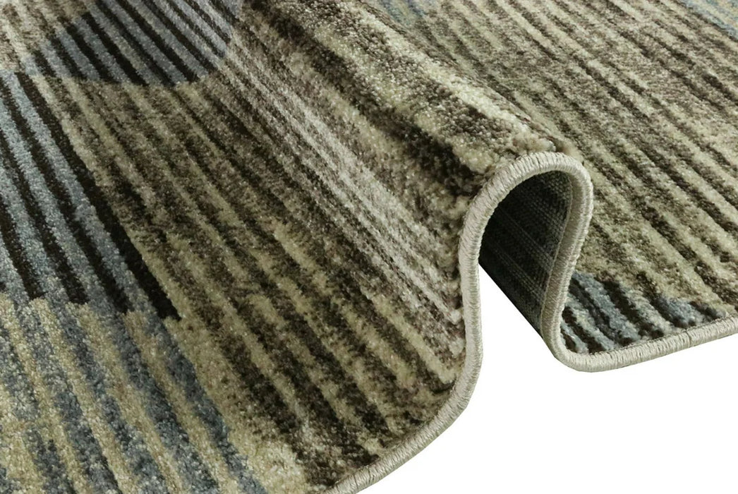 Covor modern bej maro cu model geometric si margini finisate