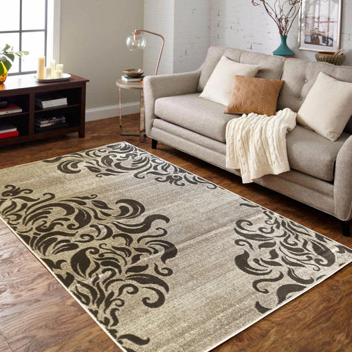 Covor modern bej maro cu model ornamental elegant asezat in living luminos stil contemporan