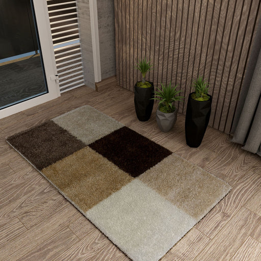 Covor modern bej maro cu model patchwork pentru living, covor decorativ elegant pentru casa