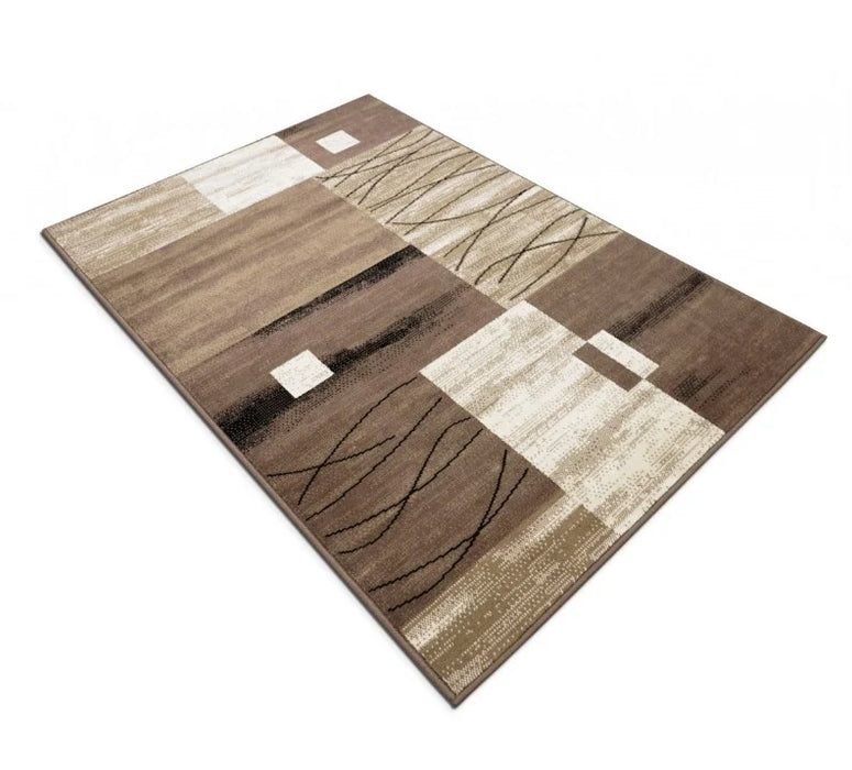 covor modern bej maro prezentat din unghi