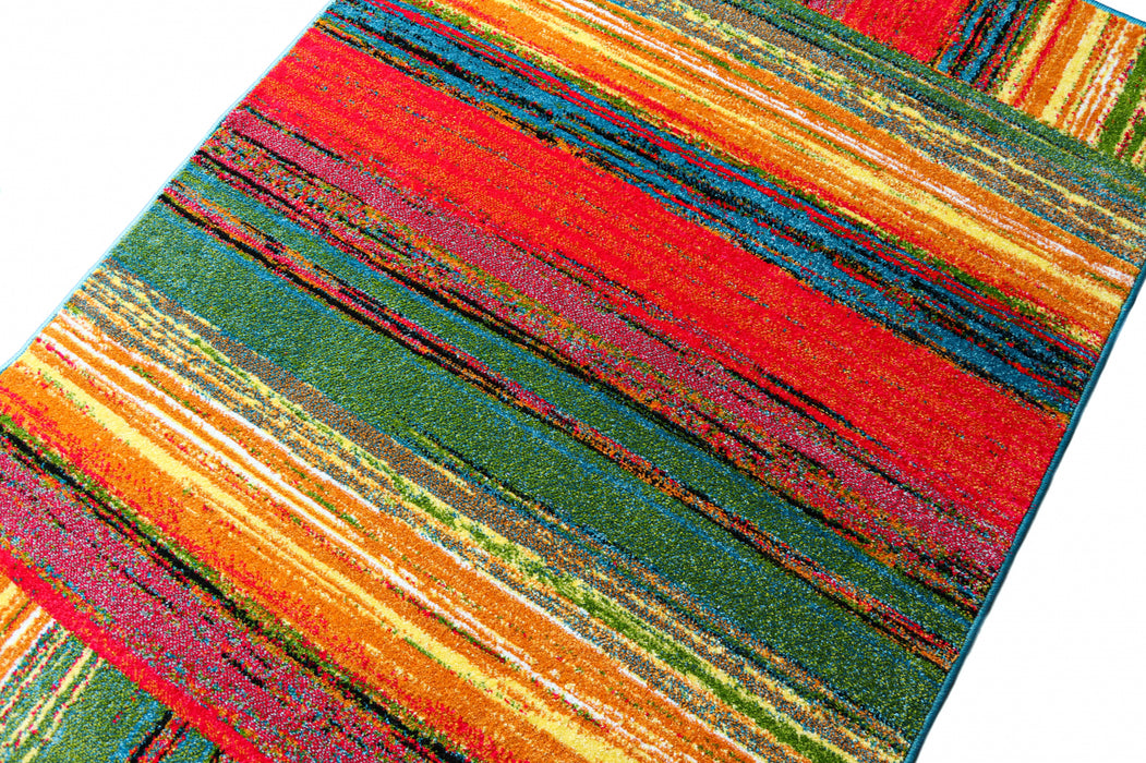 Detaliu textura covor modern multicolor, material confortabil si design premium pentru living