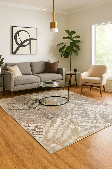 Covor modern crem bej cu model abstract asezat in living, design elegant si atmosfera contemporana