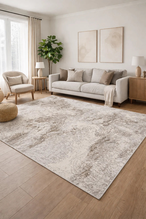 Covor modern crem bej pentru living, model abstract elegant, potrivit pentru decor contemporan