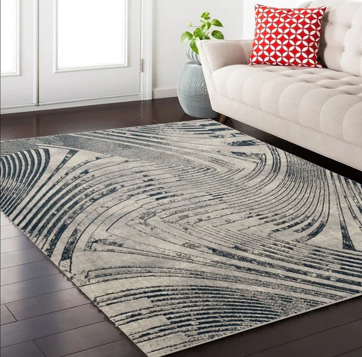 Covor modern crem gri cu model abstract asezat in living, design elegant si nuante greige contemporane