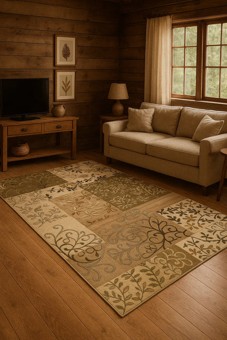 Covor modern floral crem verde, ideal pentru living și dormitor