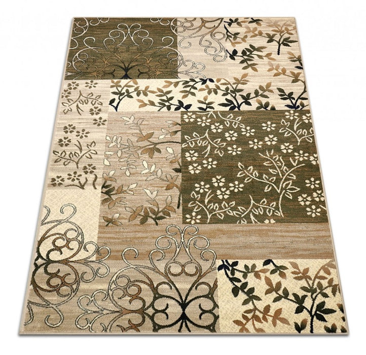 Covor modern floral crem verde, vedere în perspectivă