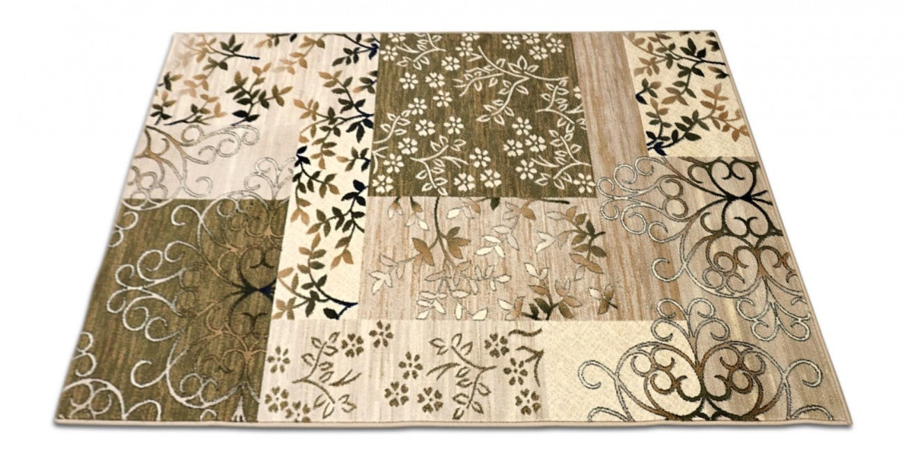 Covor modern floral crem verde, design decorativ