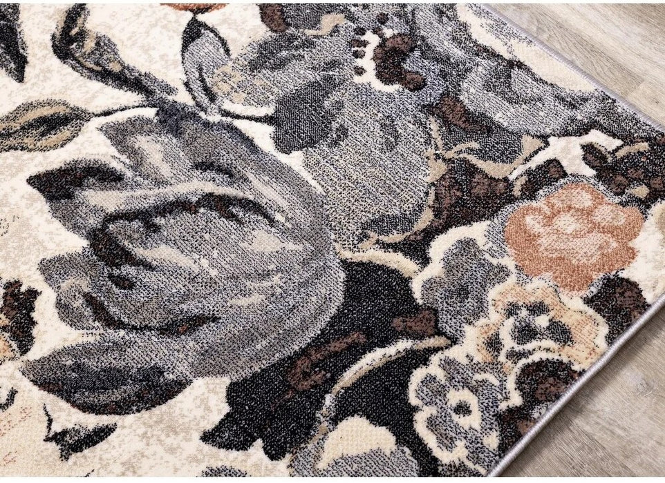 Perspectiva laterala a covorului modern floral, design elegant si model decorativ contemporan