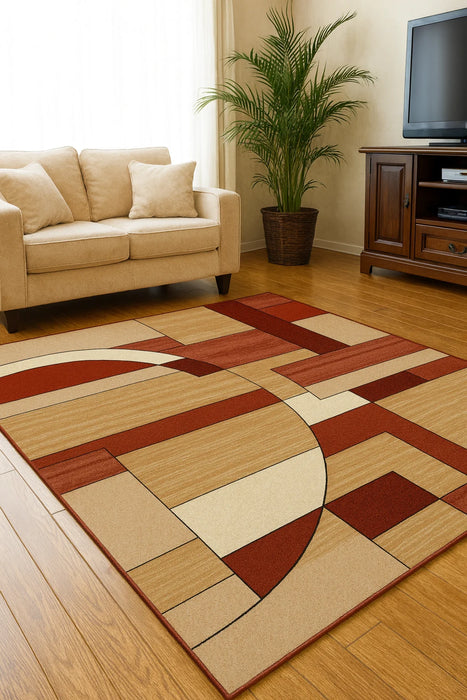 Covor modern geometric bej grena, amplasat în living