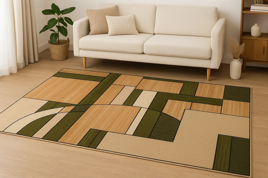 Covor modern geometric bej verde, amplasat în living