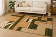 Covor modern geometric bej verde, amplasat în living