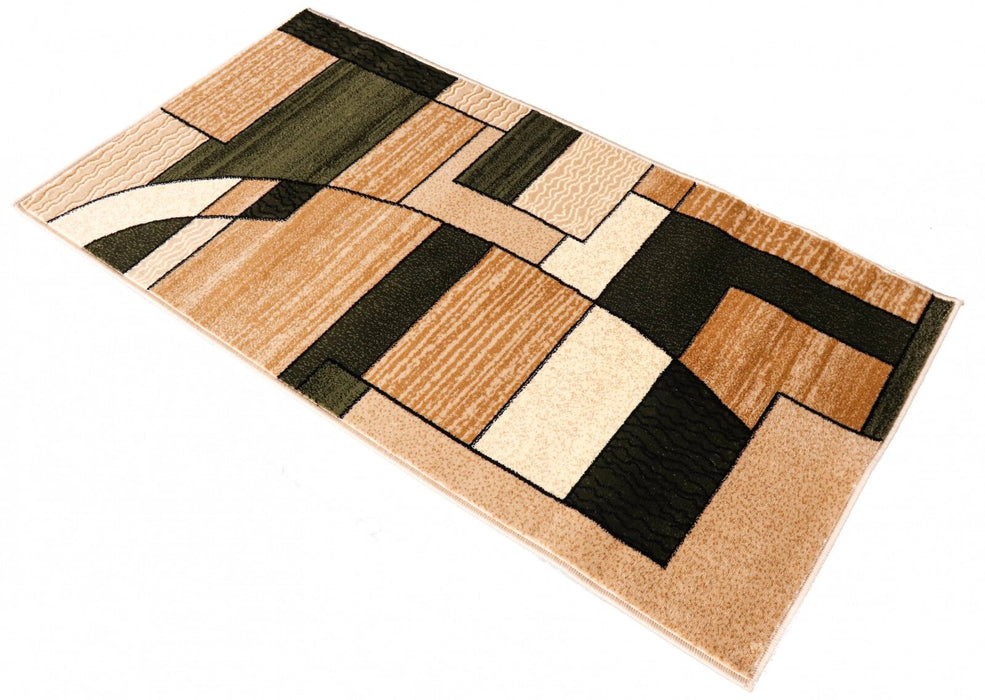 Covor modern geometric bej verde, vedere în perspectivă