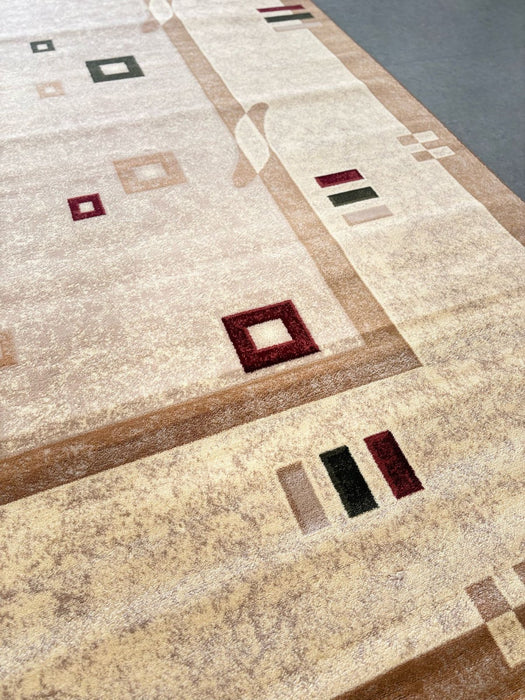 Covor modern geometric crem bej, vedere din unghi cu design contemporan