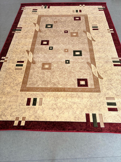 Covor modern geometric crem grena, potrivit pentru living sau dormitor