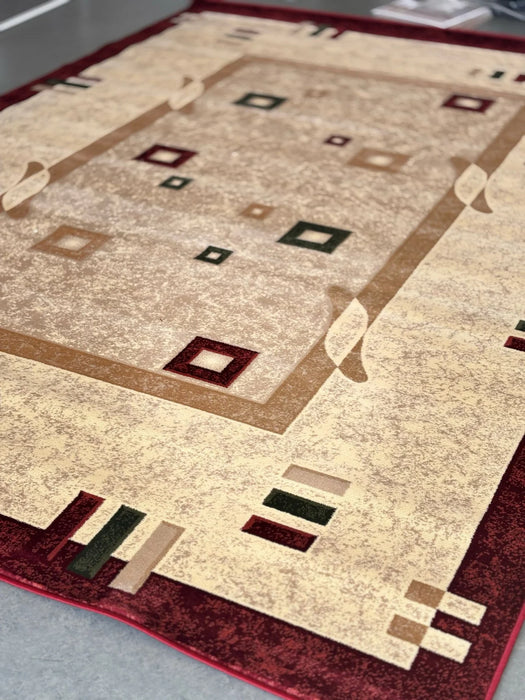 Covor modern geometric crem grena, vedere de sus cu forme geometrice