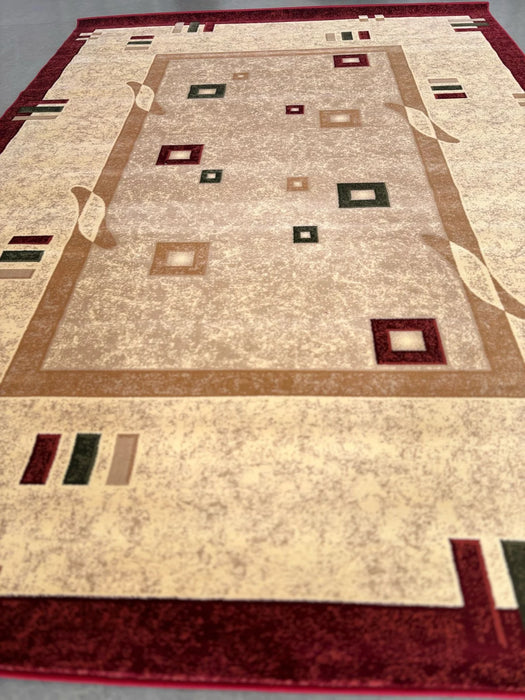 Covor modern geometric crem grena, vedere din unghi cu design contemporan