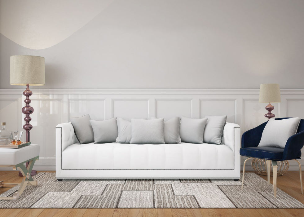 Covor modern geometric crem maro integrat într-un living modern