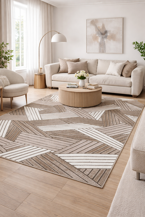 Covor modern geometric crem maro în living, potrivit pentru sufragerie și dormitor