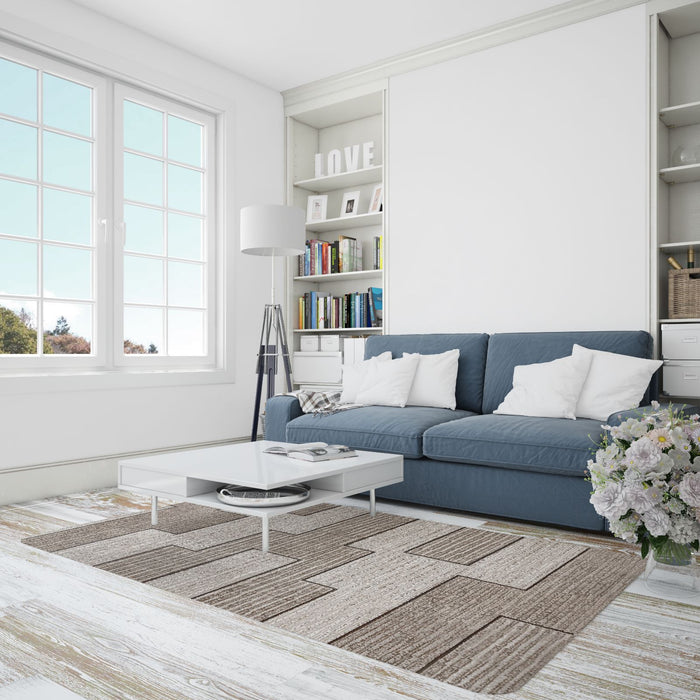 Covor modern geometric crem maro, ideal pentru living și dormitor