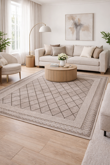 Covor modern geometric crem maro în living modern, potrivit pentru sufragerie și dormitor