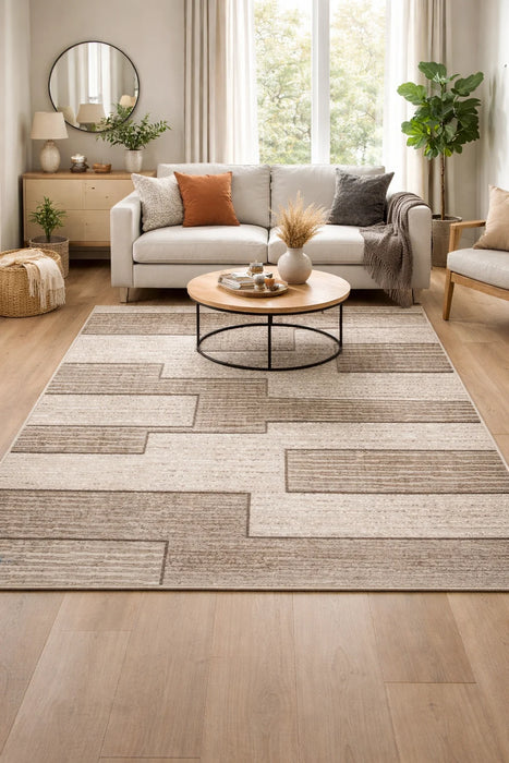 Covor modern geometric crem maro, perfect pentru living și dormitor