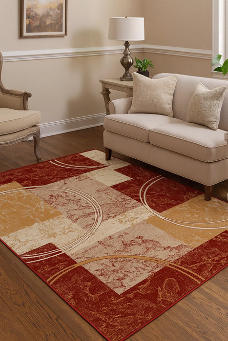 Covor modern geometric grena in living, potrivit pentru decor contemporan