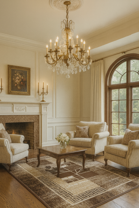 covor modern maro bej cu model geometric asezat in living elegant