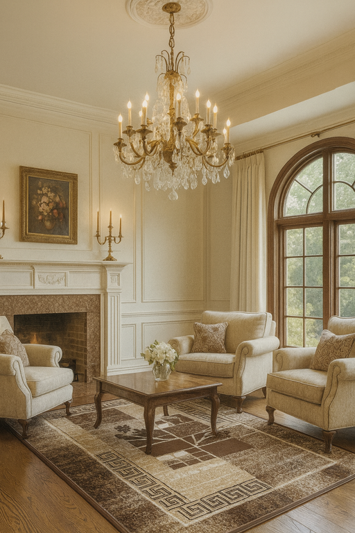 covor modern maro bej cu model geometric asezat in living elegant