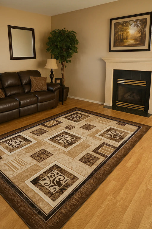 covor modern geometric maro bej asezat in living