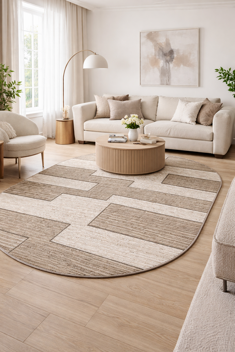 Covor modern geometric oval crem maro în living, ideal pentru dormitor și sufragerie