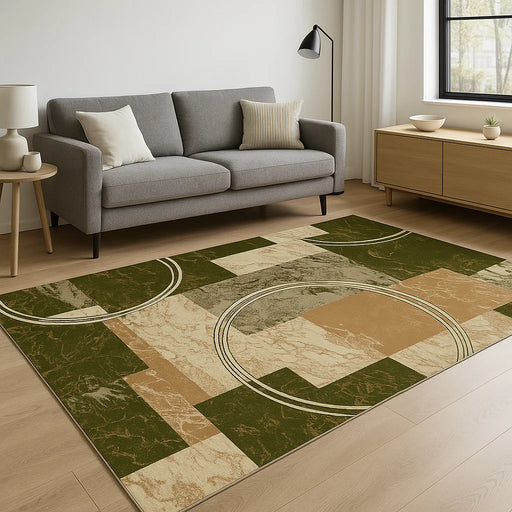 Covor modern geometric verde in living, potrivit pentru decor contemporan