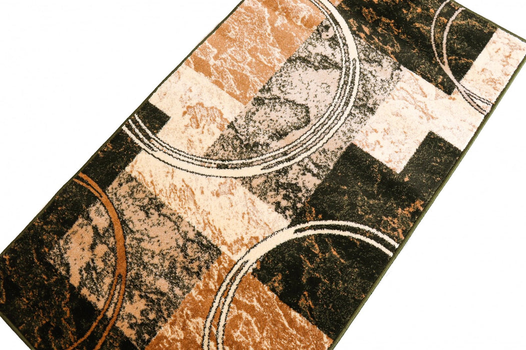 Covor modern geometric verde, vedere din unghi cu forme geometrice