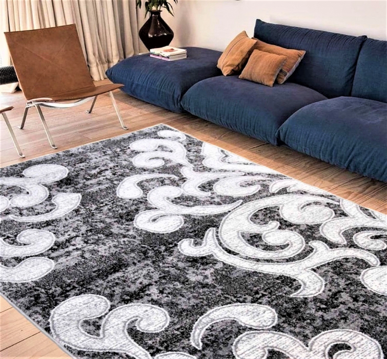 Covor modern gri alb cu model ornamental pentru living elegant