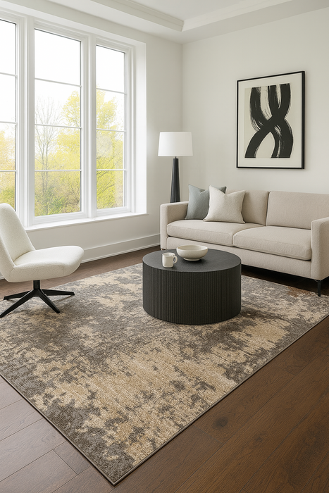 Covor modern gri bej cu model abstract asezat in living, design elegant si nuante greige contemporane